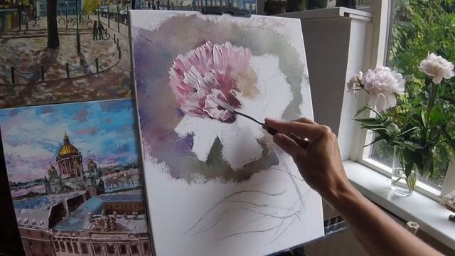 Пион мастихином для начинающих. Как писать цветы импасто. Техника мастихином. Julia Paletteknife смотреть онлайн