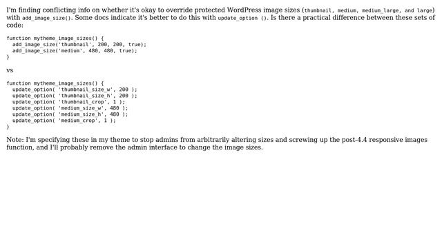 Wordpress: Modifying protexted image sizes: use "add_image_size()" or "update_option()"? смотреть онлайн