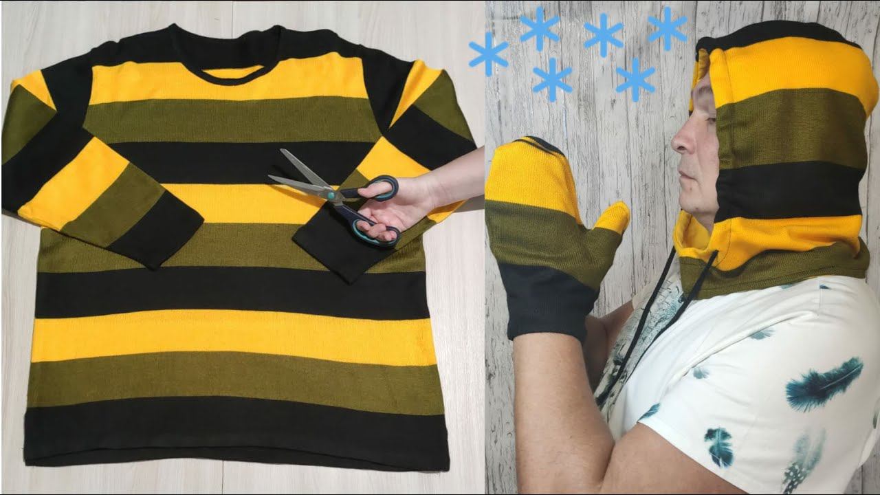 Переделала старый свитер в стильный и теплый головной убор + варежки! DIY from an old sweater смотреть онлайн