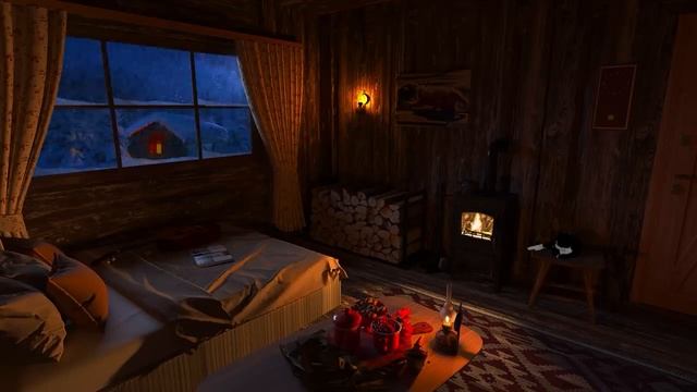 Глубокий сон в уютной зимней хижине с кошкой | Звуки метели и камина смотреть онлайн