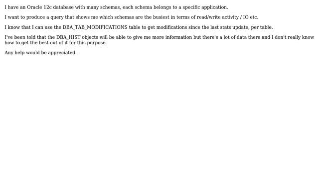 Query to get list of busiest schemas in Oracle 12c database смотреть онлайн