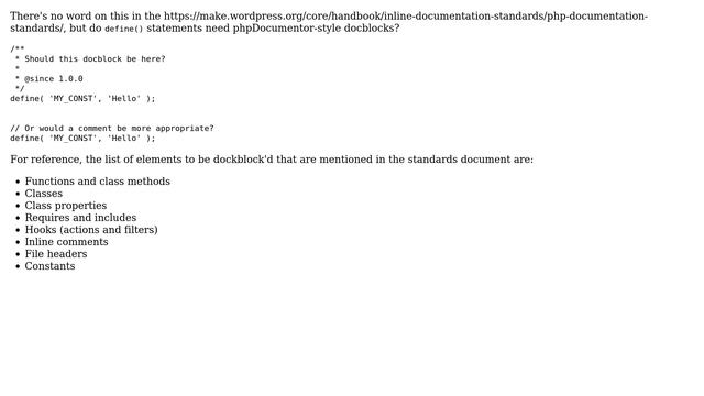 Wordpress: Do define() statements need phpDocumentor-style docblocks? смотреть онлайн