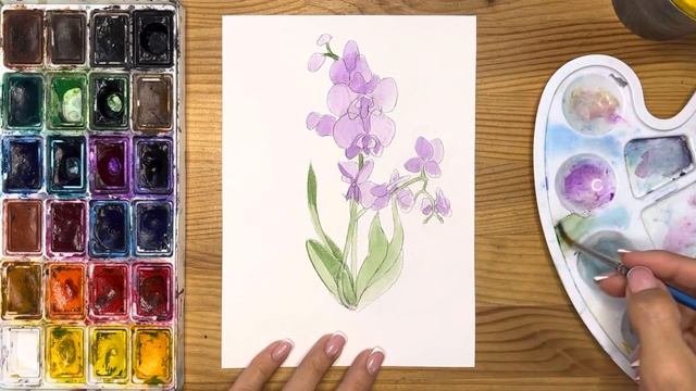 Как нарисовать орхидею карандашом и акварелью начинающим | Рисунок поэтапно и легко для детей смотреть онлайн