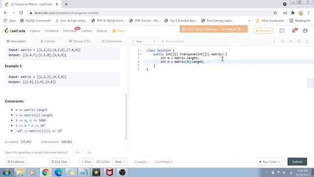 Transpose Matrix | Leetcode 867| Amazon Google Facebook interview question смотреть онлайн