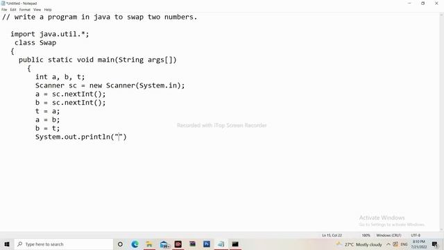 write a program in java to swap two numbers using third variable. смотреть онлайн