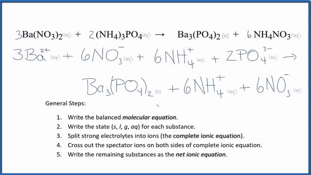 How to Write the Net Ionic Equation for Ba(NO3)2 + (NH4)3PO4 = Ba3(PO4)2 + NH4NO3 смотреть онлайн