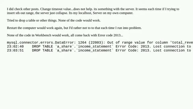 MySQL - Error code 2013. Lost connection to MySQL server during query смотреть онлайн