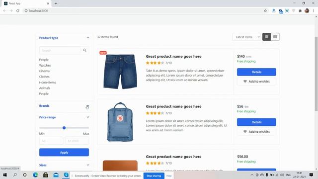Reactjs Ecommerce Template Free – Product Listing Page List View смотреть онлайн