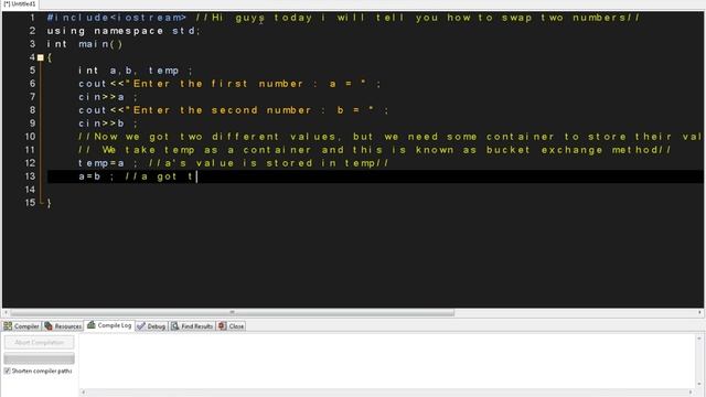 1. Program to swap two numbers (Bucket Exchange) in C++ смотреть онлайн