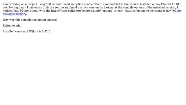 Ubuntu: Why is SQLite compiled with the OMIT_LOOKASIDE option in Ubuntu 18.04? смотреть онлайн