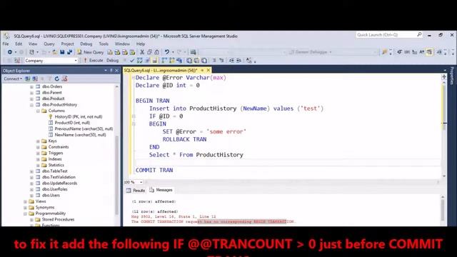 MSSQL - Fix Error - The COMMIT TRANSACTION request has no corresponding BEGIN TRANSACTION смотреть онлайн