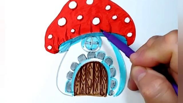 как нарисовать домик-гриб маркерами фломастерами.