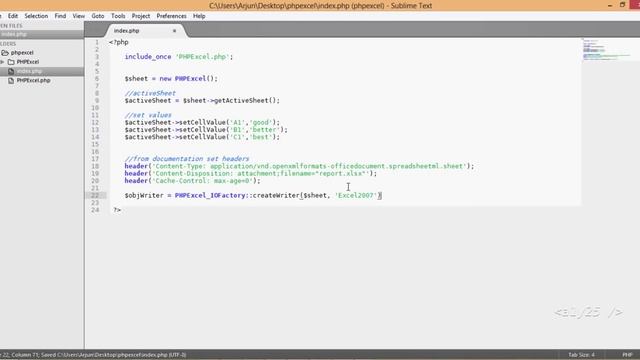 PHPExcel first time - export basic excel file, setActiveSheet, setCellValue, createWriter, save смотреть онлайн