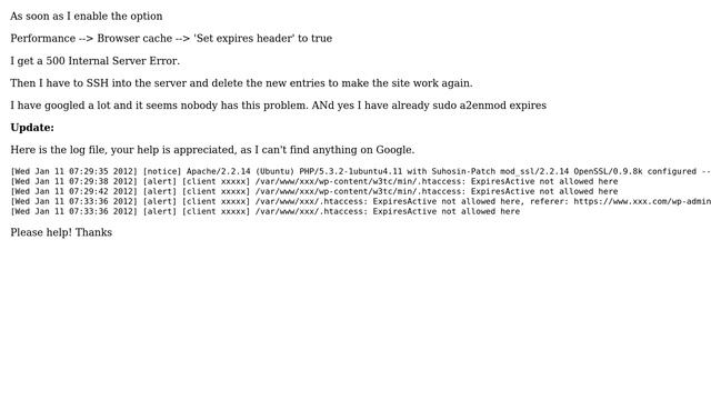 Wordpress: Getting "Internal Server Error" when enabling 'Set expires header' in W3 Total Cache смотреть онлайн