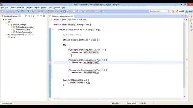Java 7 new feature - Catching multiple exception types to improve type checking смотреть онлайн