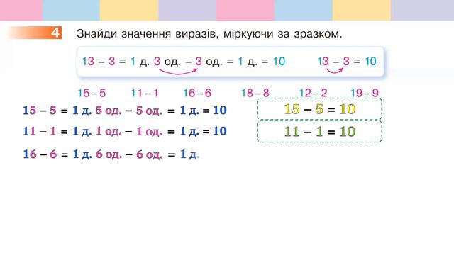 Математика 1 клас НУШ. Додаємо і віднімаємо на основі складу чисел другого десятка (с. 119)