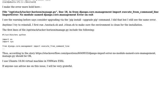 Django import error while installing Tacker via Devstack: No module named django.core.management смотреть онлайн