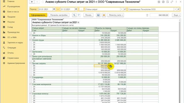 Формирование отчета по всем затратам в разрезе статей затрат в 1С:Бухгалтерии 8