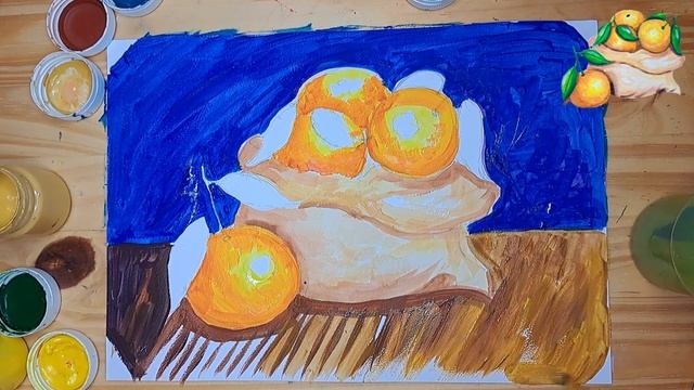 Рисуем мандарины. Как нарисовать фрукты. Рисуем мандарины. Натюрморт красками гуашь. смотреть онлайн