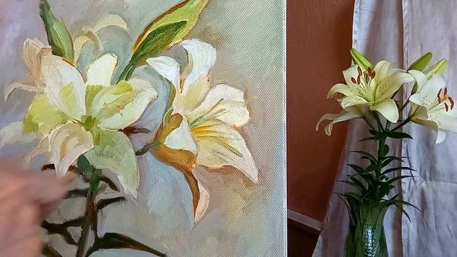 White lilies oil painting. Oil painting flowers. How to paint white lilies. Fine art. смотреть онлайн
