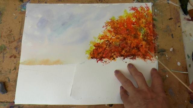 Осенний пейзаж акварелью. Рисуем группу деревьев губкой. Trees with the sponge in WC. смотреть онлайн