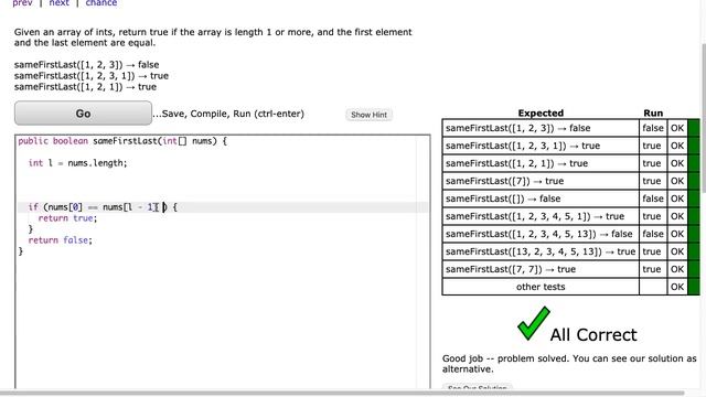 Codingbat - sameFirstLast (Java) смотреть онлайн