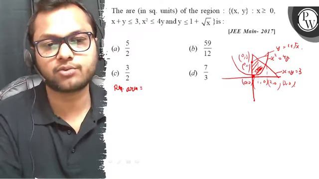 The are (in sq. units) of the region : {(x, y}: x ≥ 0, x+y ≤ 3, x^2≤ 4 y and .y ≤ 1+√(x)} is :
[J.. смотреть онлайн