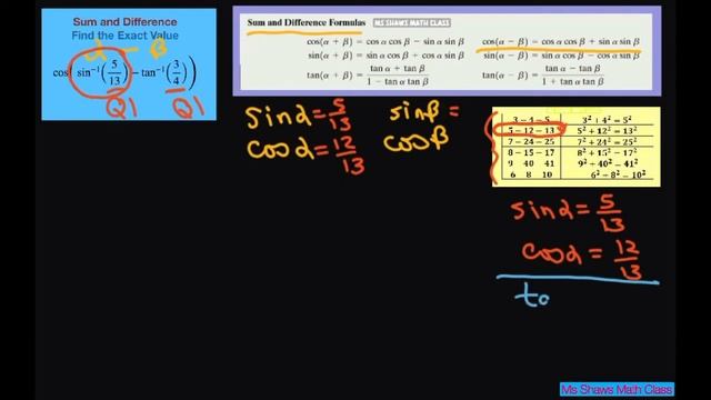 Find the exact value of cos(sin^(-1)(5/13) - tan^(-1)(3/4)). Sum and Difference Formula смотреть онлайн
