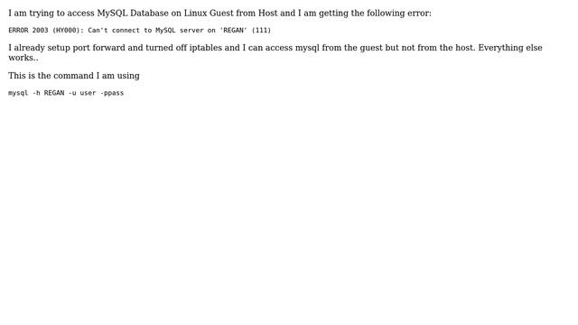 Trying to access MySQL Database on Linux Guest from Host смотреть онлайн