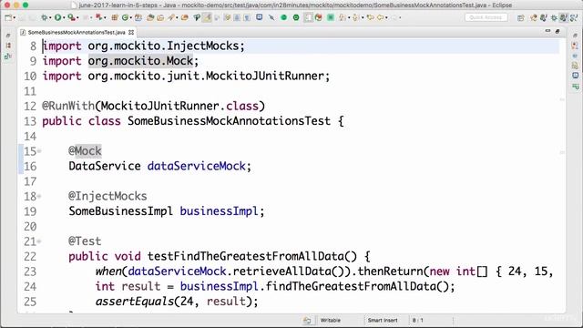 Spring framework Tutorial (060 Step 4 Using Mockito Annotations @Mock @InjectMocks @RunWith) смотреть онлайн