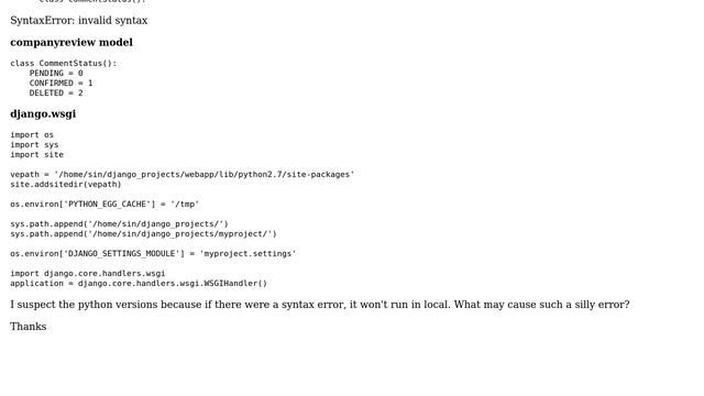django raises syntax error in server although it works on localhost смотреть онлайн
