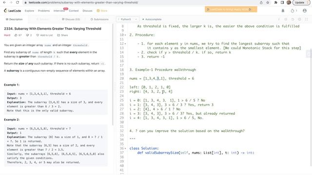 Leetcode 2334. Subarray With Elements Greater Than Varying Threshold - Monotonic Stack Method смотреть онлайн