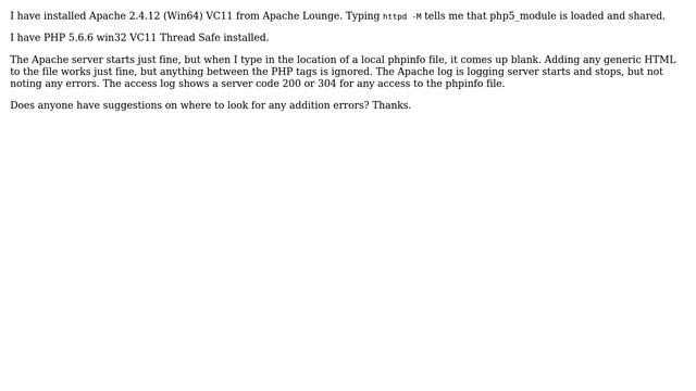 PHP 5.6.6 loading but not interpreting in Apache2.4 64 bit Windows смотреть онлайн