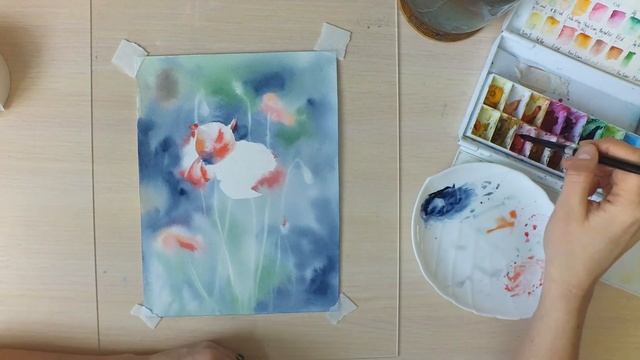 Картина акварелью Маки по сырому. смотреть онлайн