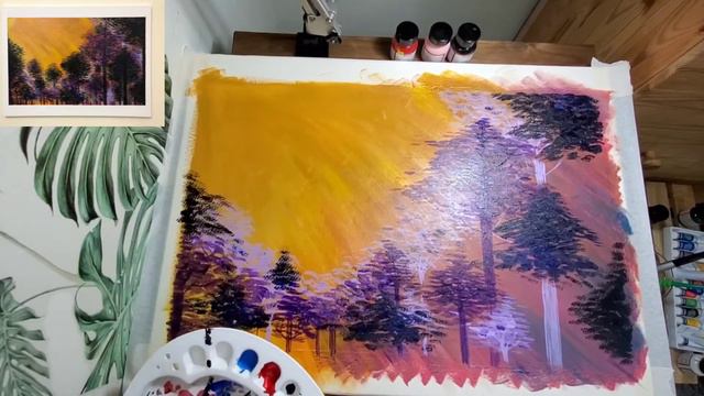 YELLOW OCHRE PURPLE FOREST | Acrylic Painting in Big Canvas | Timelapsed guide for beginners смотреть онлайн