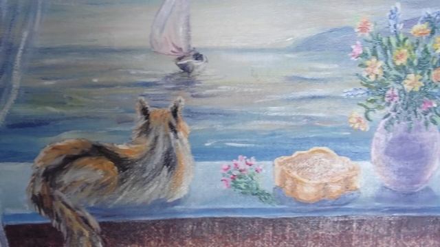 Кошка на окошке. Вид из окна, Живопись