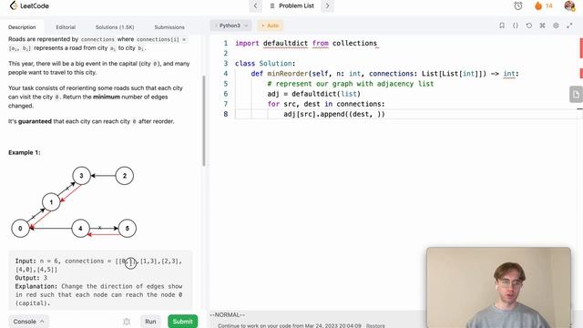 LeetCode 1466 - Reorder Routes to Make All Paths Lead to the City Zero - Python Solution смотреть онлайн