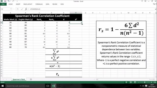 Microsoft Excel 2013 - Spearman's Rank Correlation Coefficient смотреть онлайн