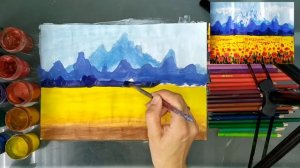 Рисуем летний пейзаж горы,поле цветов,  маки красками гуашь для детей