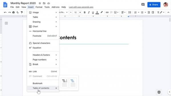 Google Docs: Table of Contents