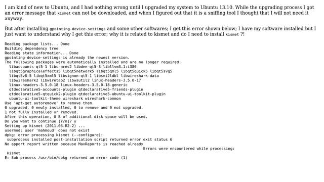 `usermod: user 'mahmoud' does not exist dpkg: error processing kismet (--configure)` error when... смотреть онлайн