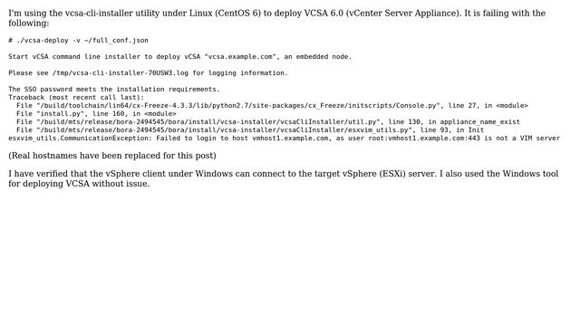 vCSA command line installer fails to deploy with the error "Failed to login to host... is not a... смотреть онлайн