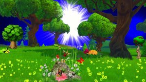 Футаж: Лучи солнца. Волшебная зелёная лужайка и порхающие бабочки над цветами