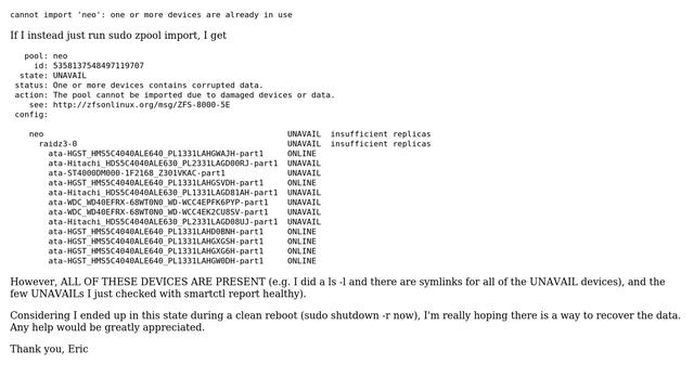 Ubuntu: ZFS fails to import zpool after reboot, some devices "UNAVAIL" - but devices are present смотреть онлайн
