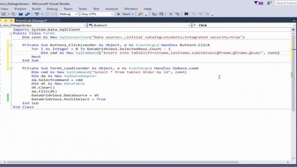 How to insert only selected rows in DatagridView into sql database using VB. net