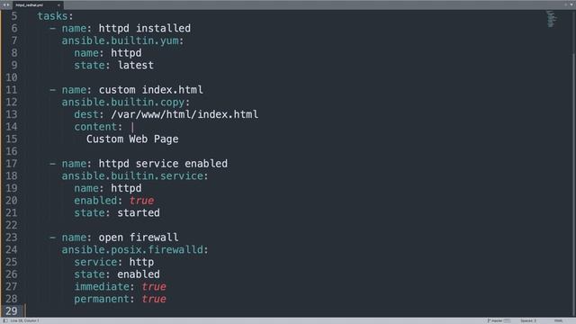 Deploy a web server apache httpd on RedHat-like systems - Ansible yum, copy, service firewalld смотреть онлайн