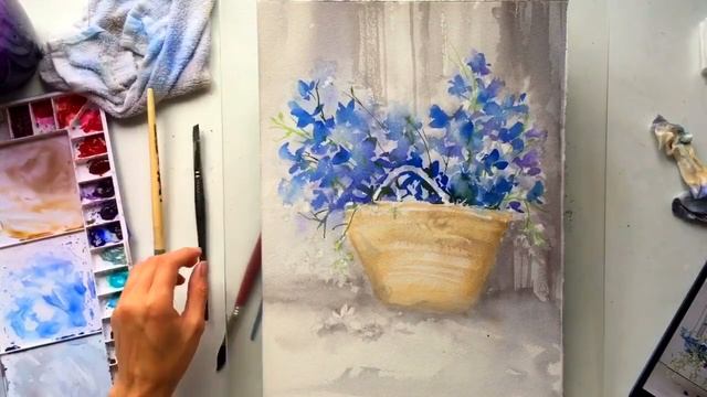 Цветы в корзинке акварелью смотреть онлайн