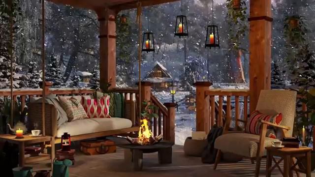 Winter Cozy Porch in Mountains with Bonfire- Snow Falling - Blizzard Sounds смотреть онлайн
