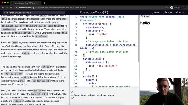 Bind 'this' to a Class Method - React - Free Code Camp смотреть онлайн