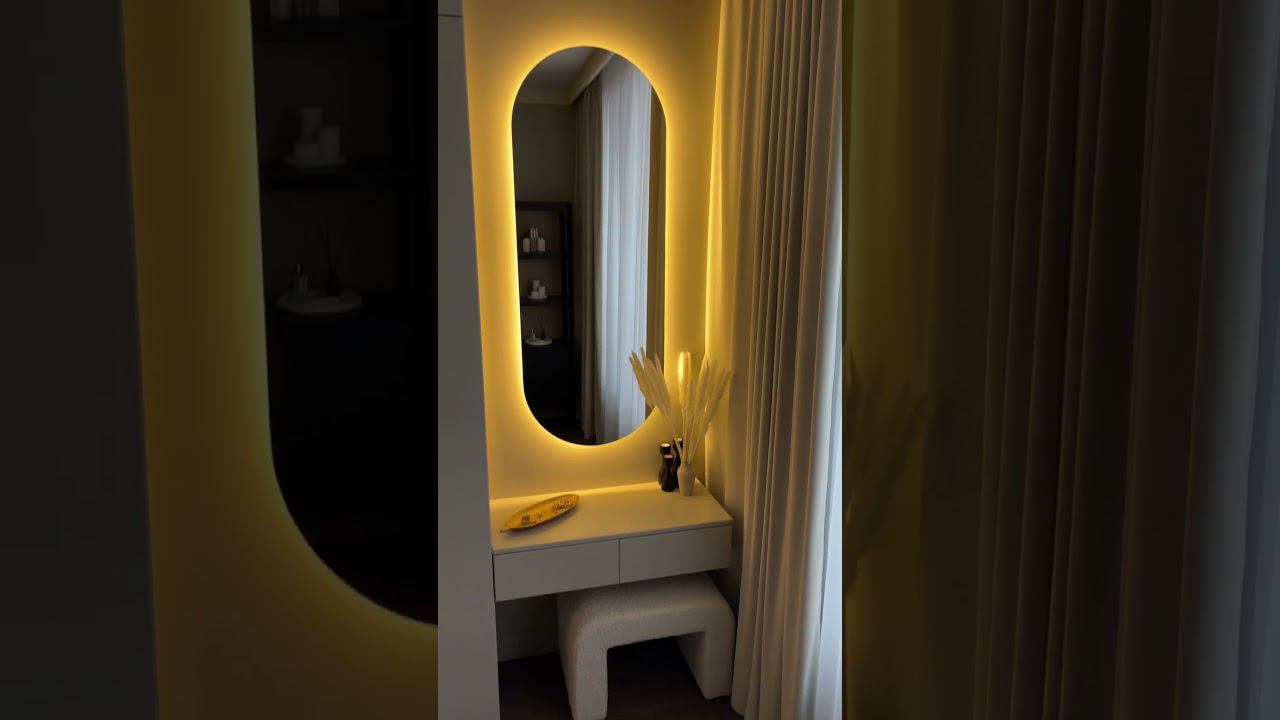Красивая зона в спальне с подсветкой за зеркалом #дизайнерскийремонт #дизайнинтерьера смотреть онлайн
